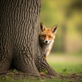 A red fox (Vulpes vulpes) peeks from behind a large tree trunk. The tree has a rugged Royalty Free Stock Photo