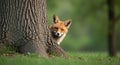 A red fox (*Vulpes vulpes*) peeks curiously from behind the trunk of a large tree, its Royalty Free Stock Photo