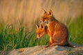 Red fox, vulpes vulpes, small young cubs near den curiously watching around. Royalty Free Stock Photo