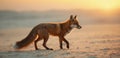 A red fox walking across a sandy beach at sunset Royalty Free Stock Photo