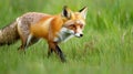 Red Fox Walking Through Green Grass Royalty Free Stock Photo