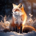 Red fox in white Cold winter with orange fur Hunting animal in the snowy