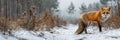 red fox in winter in field with snow on background of a forest. Panorama landscape Royalty Free Stock Photo