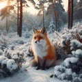 Red fox in winter forest at sunrise, beautiful forest view on snowy winter morning, wildlife beauty, generative ai