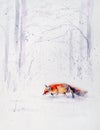 Red fox in winter watercolors painted.