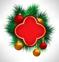 Red Frame on pine branches with Christmas balls Royalty Free Stock Photo