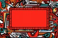 a red frame surrounded by various musical instruments Royalty Free Stock Photo