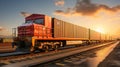 A red freight train with cargo containers is moving along railroad tracks during a sunset Royalty Free Stock Photo