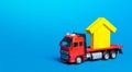 Red freight truck carrier with a yellow house figure. Home moving company. Transportation service and delivery of complex and