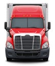 Red Freightliner Cascadia truck front view.