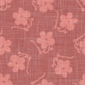 Red French Linen Texture Background. Ecru Daisy Flower Fibre Seamless Pattern. Organic Yarn Close Up Weave Fabric. Worn Bleach Dye