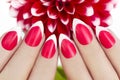 Red French manicure with dahlias.