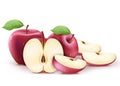 Red Fresh Apples Whole, Half and Sliced Wet and with Water Splash 3D Realistic