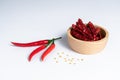 Red fresh and dried hot chilli in wooden bowl Royalty Free Stock Photo