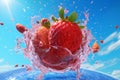 strawberry fruit water fresh freshness healthy blue background red splash food. Generative AI. Royalty Free Stock Photo