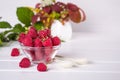 Red fresh raspberries in a glass bowl with green leaves Royalty Free Stock Photo