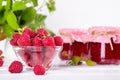 Red fresh raspberries in a glass bowl with green leaves Royalty Free Stock Photo