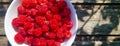 Red fresh raspberries on rustic wood background. Bowl with natural ripe organic berries with peduncles on wooden table Royalty Free Stock Photo