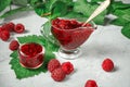 Red fresh raspberries on white rustic wood background. Bowl with Royalty Free Stock Photo