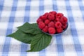 Red fresh raspberries on white rustic wood background. Bowl with natural ripe organic berries with peduncles and green Royalty Free Stock Photo