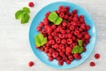 Red fresh raspberries on white wood background. Blue bowl with natural organic ripe raspberries with leaves on wooden table Royalty Free Stock Photo