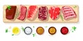 Red fresh raw steaks, fillets and spice rubs, condiments for meat. Vector set.