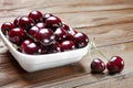 Red fresh ripe juicy sweet cherries in a white plate on a wooden background Royalty Free Stock Photo