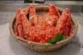 Red fresh steamed boil king crab leg from sea for delicious tasty seafood meal in store market restaurant, orange alaskan claw raw Royalty Free Stock Photo