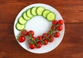 Red fresh tomatoes on a white plate and sliced cucumber