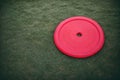 A red frisbee left idle on the grass