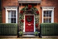 Red front door with Christmas wreath and street festive decorations on holidays Royalty Free Stock Photo