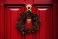 Red front door with Christmas wreath and street festive decorations on holidays Royalty Free Stock Photo