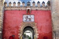 Red Front Gate Royal Mosaic Alcazar Royal Palace Seville Andalusia Spain. Originally a Moorish Fort, oldest Royal Palace still in