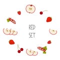 Red Fruit and Red Berries. Set. Healthy food concept. Apple, Cherry, Currant, Raspberry, Strawberry Royalty Free Stock Photo