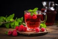 Red fruit tea with raspberry and mint. Glass of cold raspberry tea. Generative AI