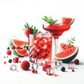 Red fruits drink watercolor illustration. Refreshing drinks for summer. AI generated