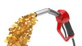 Red fuel nozzle pumping gold coins. 3d illsutration