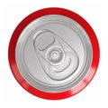 Red full metal aluminum beverage can isolated on white background, top view.