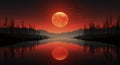 A red full moon rising over a lake. Generative AI image. Royalty Free Stock Photo