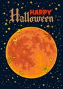 Red Full Moon And Stars On A Night Sky. Happy Halloween Text In Gothic Style. Background For Holiday Poster.