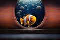 red funny clown fish on yellow plank at bottom of sea aquarium fish in space
