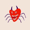 Red Funny creepy spider with angry face. Illustration in a modern childish hand-drawn style