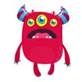 Red funny happy cartoon monster.Red vector alien character. Halloween design. Royalty Free Stock Photo