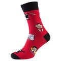 Red funny sock with applique, on a white background, fashion youth socks