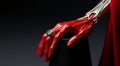 Red futuristic bionic hand prosthesis showcasing a diamond ring on a black pedestal, close up. Artificial robotic Royalty Free Stock Photo