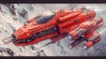Red Futuristic Spaceship in Snowy Mountain Landscape Royalty Free Stock Photo