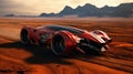 Red futuristic sports racing car races across land of an alien planet. Futuristic concept of technologies of other Royalty Free Stock Photo