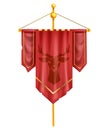 Red game flag, medieval vector battle banner, gold flagpole, deer silhouette, knight pennant on white. Royalty Free Stock Photo