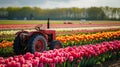 Red garden Tractor on tulip field Royalty Free Stock Photo