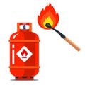 A red gas can next to a burning match. flammable situation.